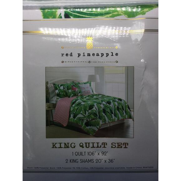 NIB Red Pineapple King Quilt Set Nosara Leaf and Pink King Quilt - Picture 2 of 8